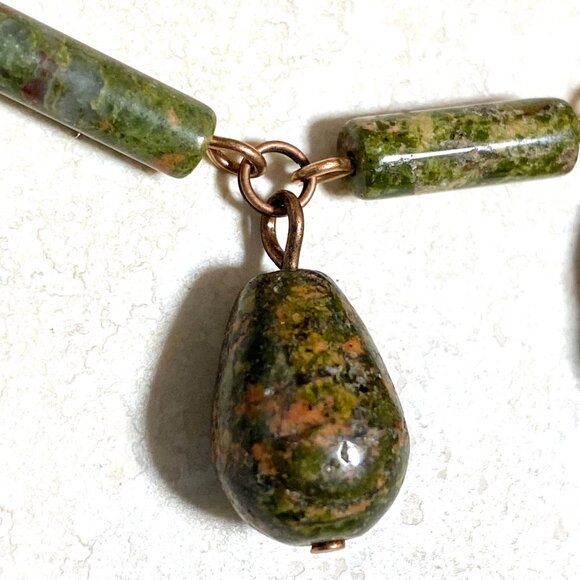 Rustic Natural Green Waterdrop Unakite Necklace, Genuine Gemstone + Copper Chain - Picture 6 of 12